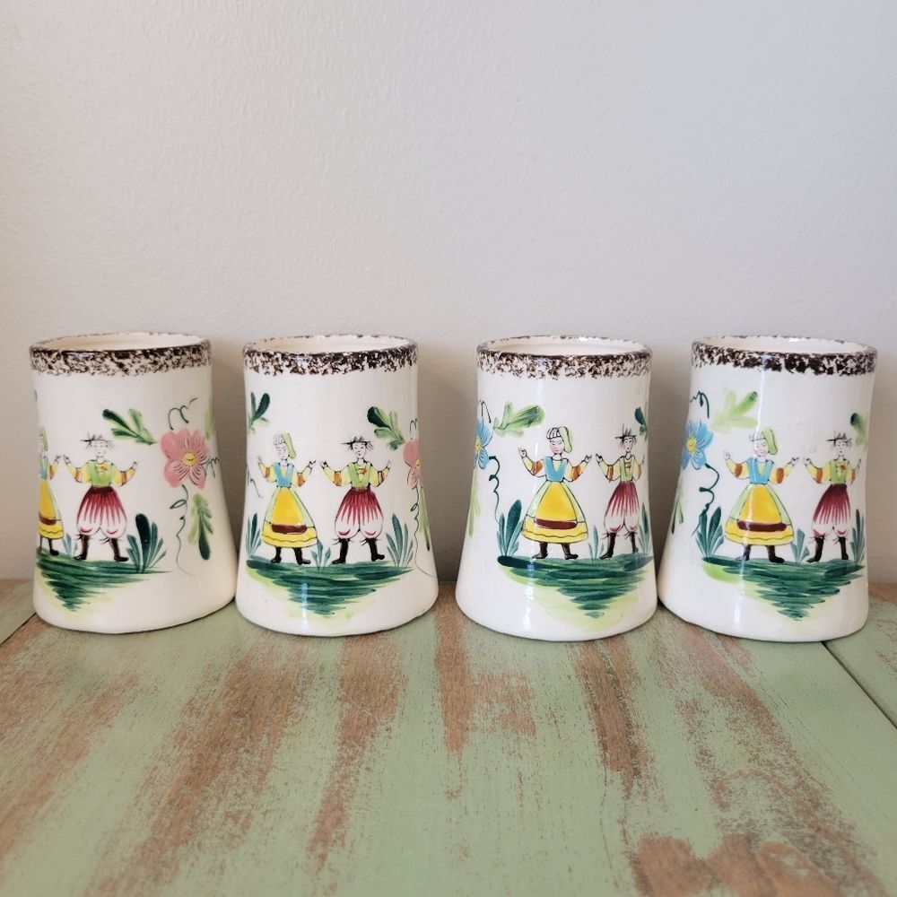 Dutch Folk Art Ceramic Cups • Hand-Painted Japan (Set of 4) 🌸